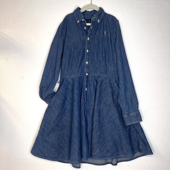Ralph Lauren Girls Blue Jean Denim Button Down Dress A Line size 12 - Picture 1 of 5